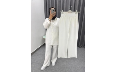 Beyaz Palazzo Beli Cırtlı Kumaş Pantolon - 50 Beden