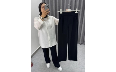Siyah Palazzo Beli Cırtlı Kumaş Pantolon - 50 Beden